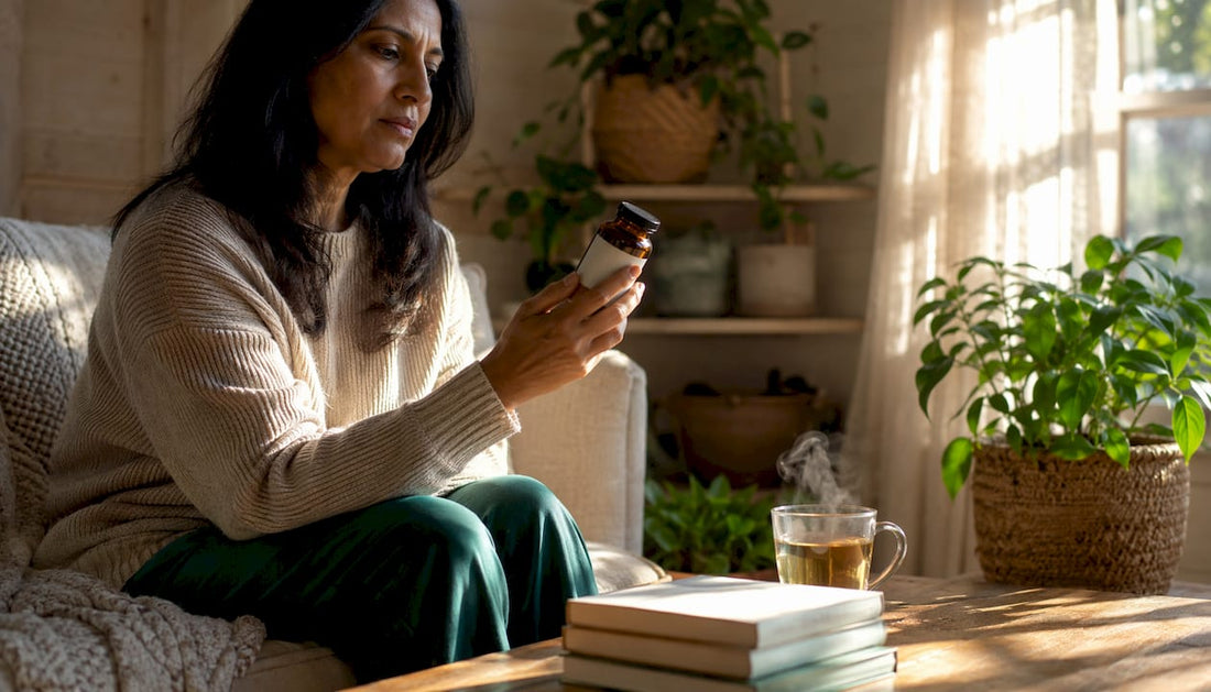 Woman examining melatonin supplement bottle