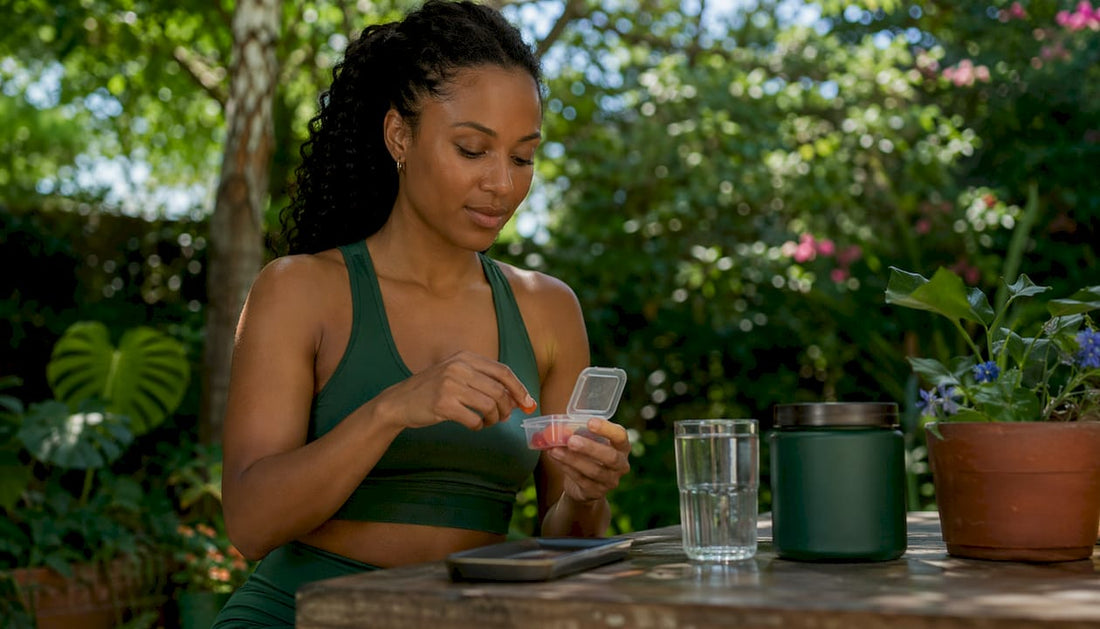 Woman selecting creatine gummy in kitchen