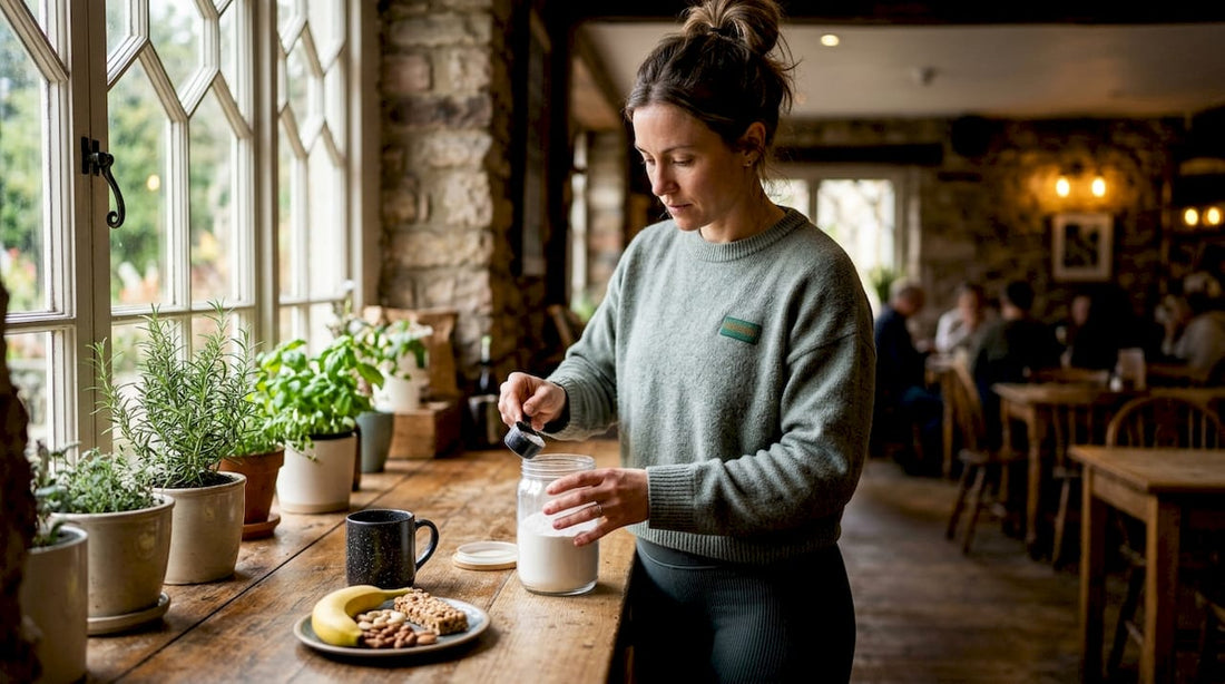 Woman measuring creatine supplement in kitchen