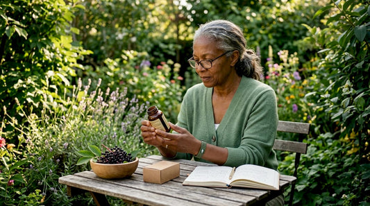 Woman reading immune supplement label at kitchen table