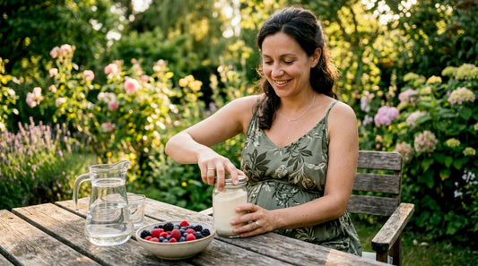 Pregnant woman preparing collagen supplement at home