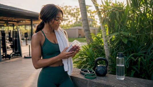 Woman examining workout gummies in home gym
