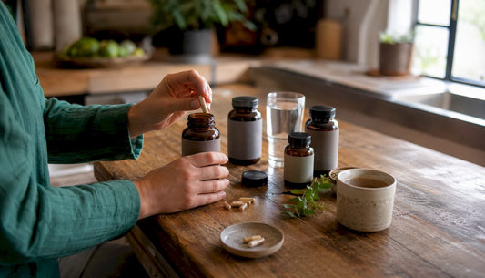 Hands taking stress relief supplement capsules at home