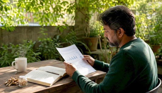Man reviewing ashwagandha research at table