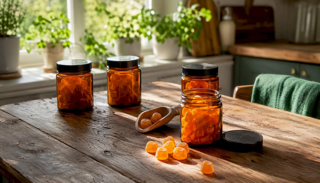 Jars of turmeric gummies on kitchen countertop