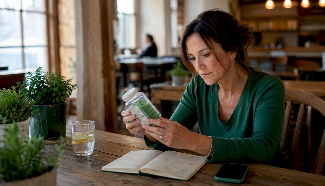Woman checking creatine gummies packaging