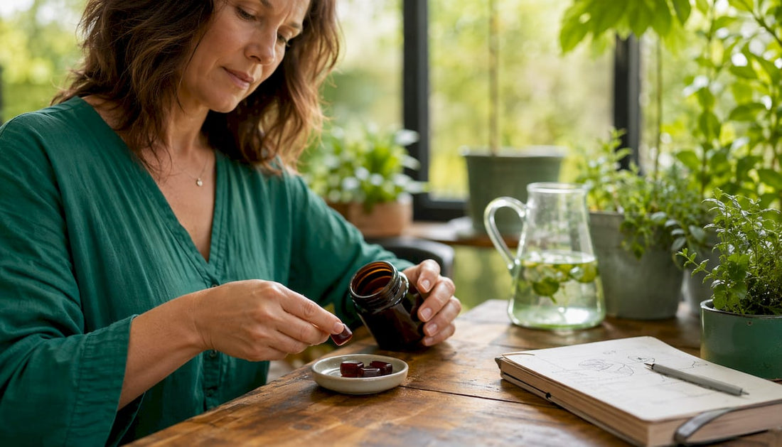 Woman measuring magnesium gummies in kitchen