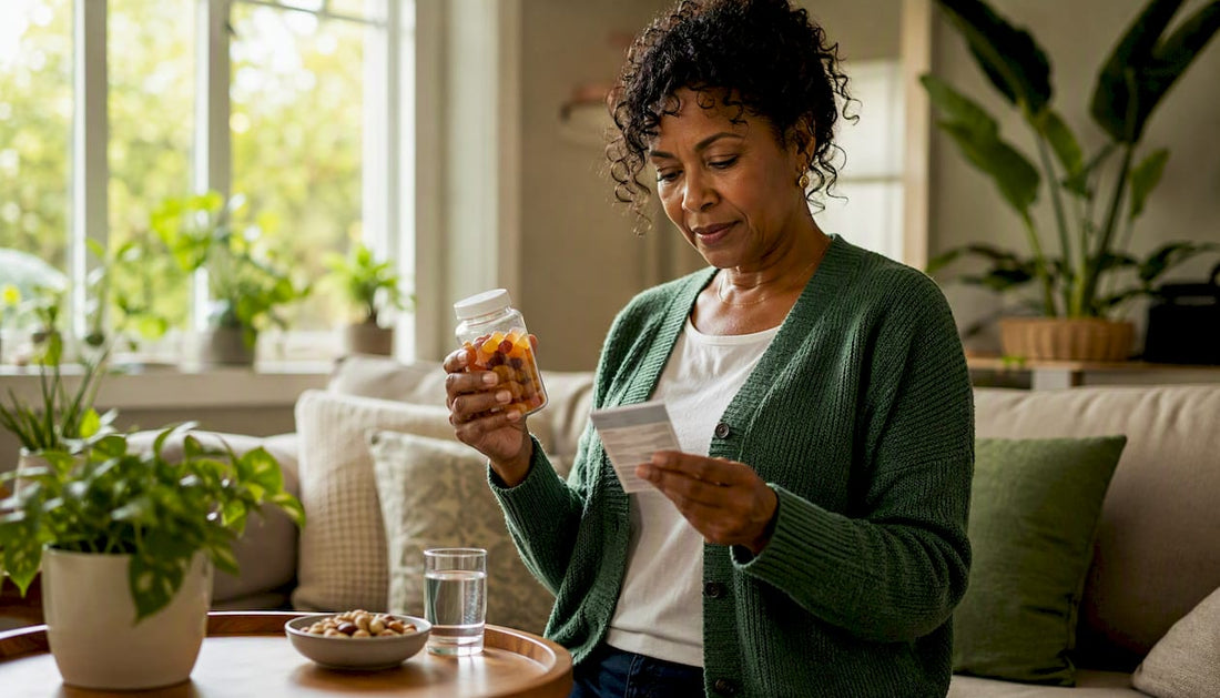 Woman examining multivitamin gummy bottle in kitchen