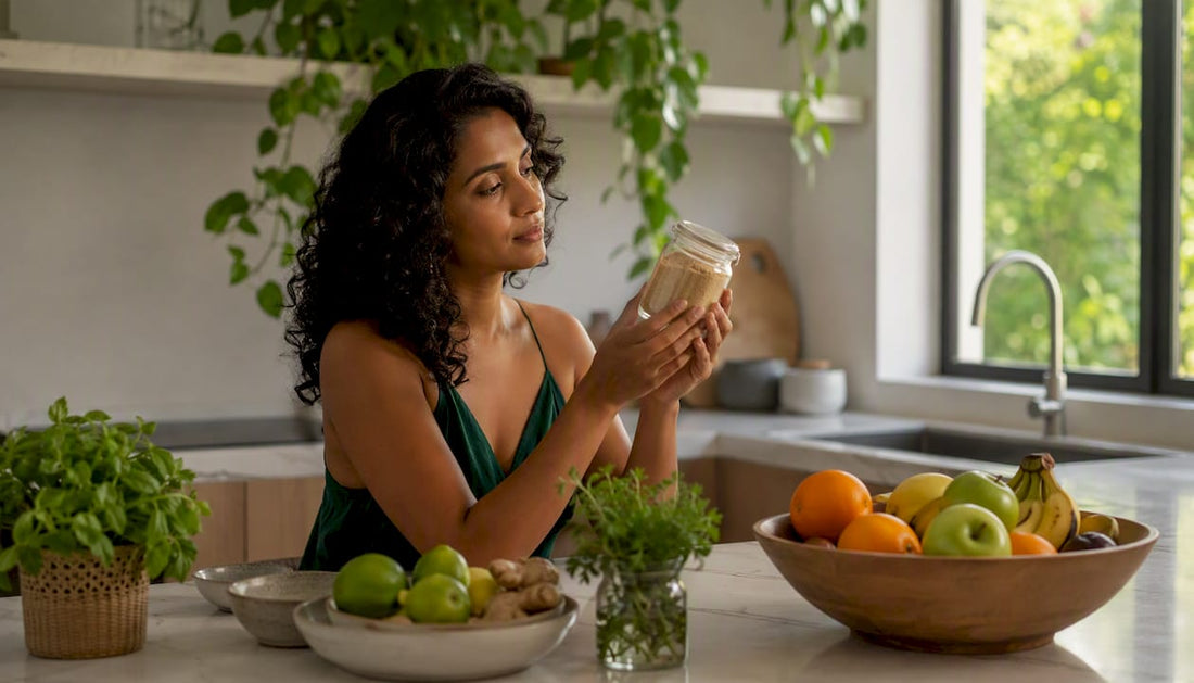 Woman examining ashwagandha root jar at home nook