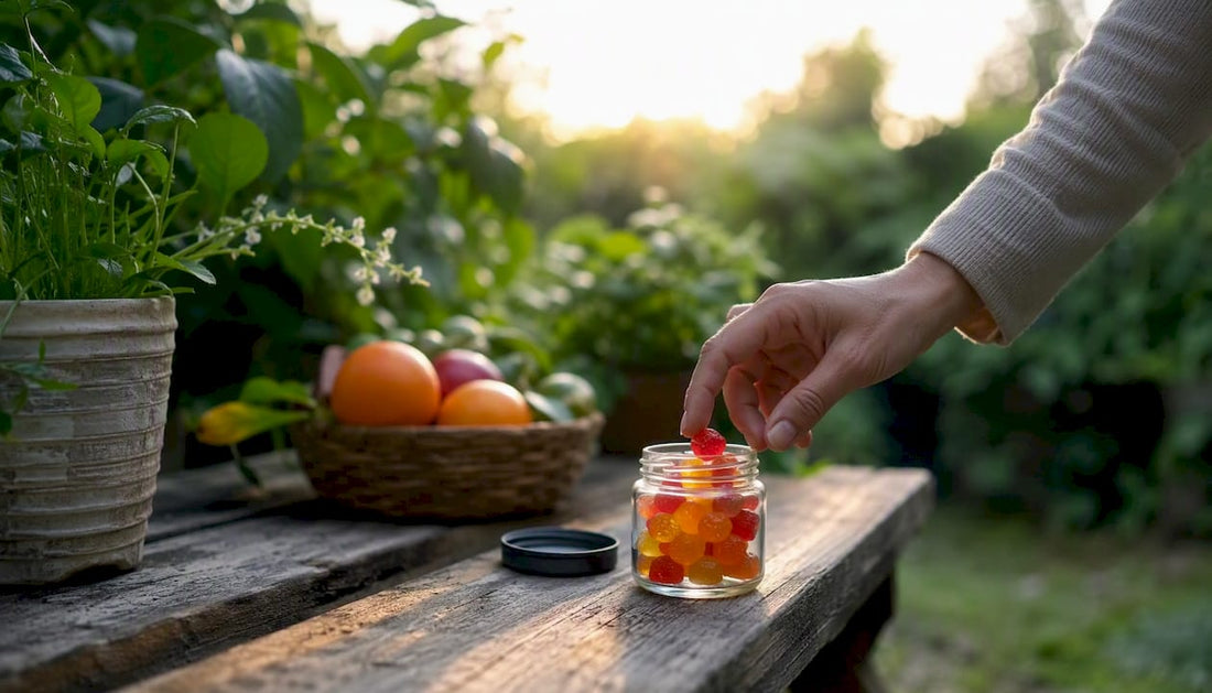 Hand picking colorful vitamin gummy from jar