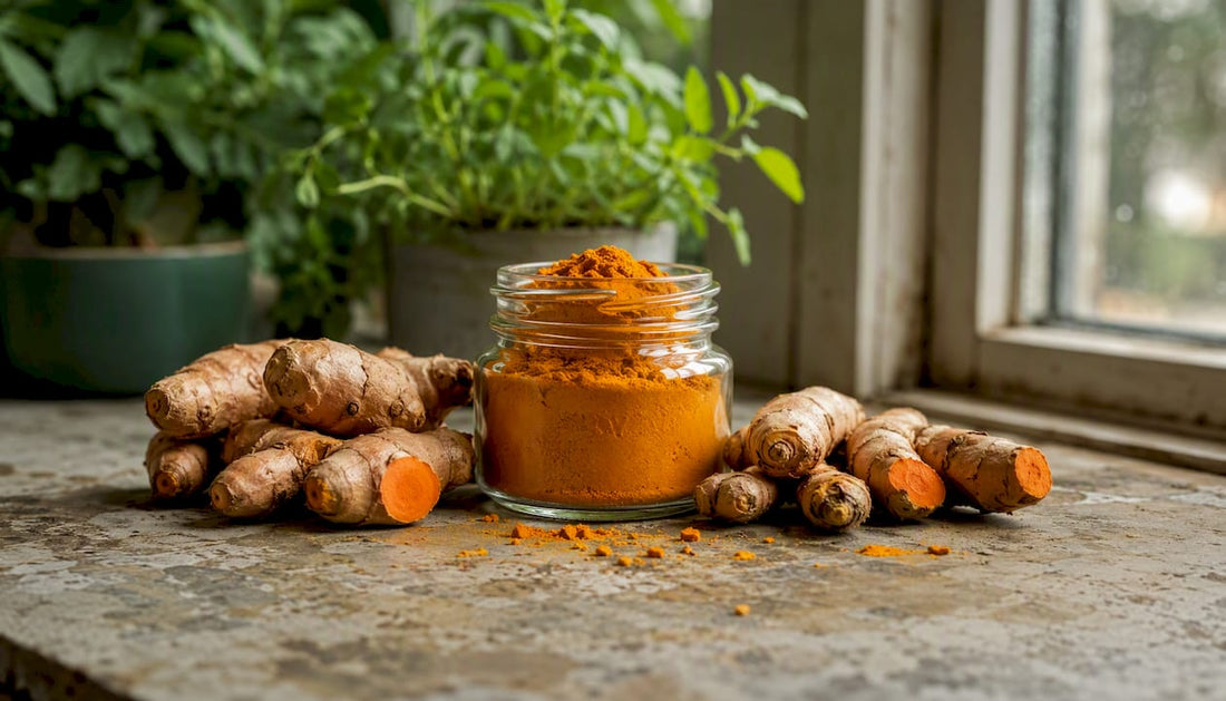 Spoon with turmeric powder and fresh roots
