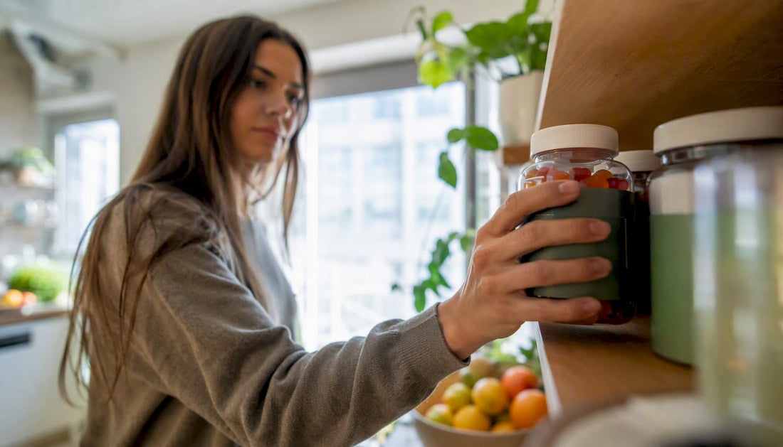 Woman choosing multivitamin gummies at kitchen counter