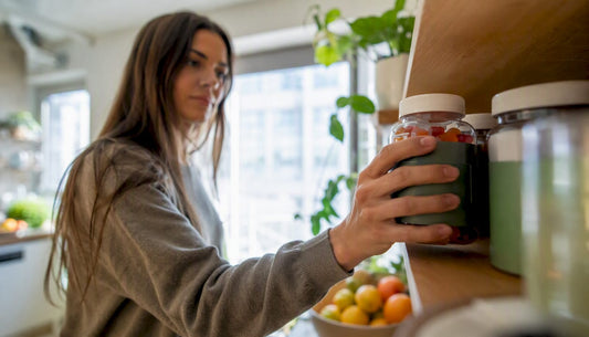 Woman choosing multivitamin gummies at kitchen counter