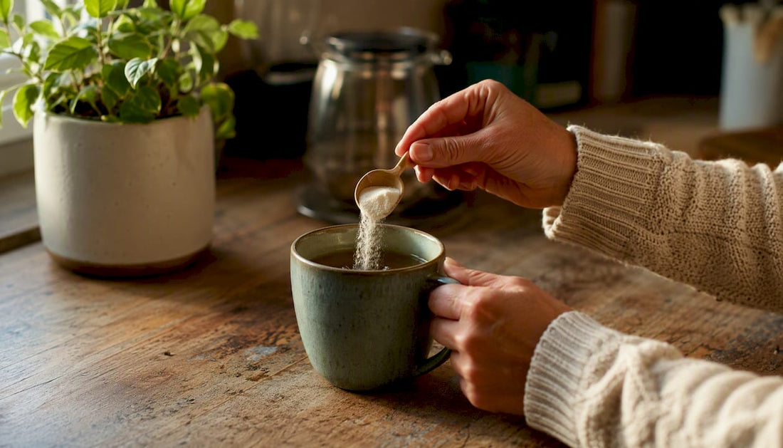 Hands stirring collagen powder into herbal tea