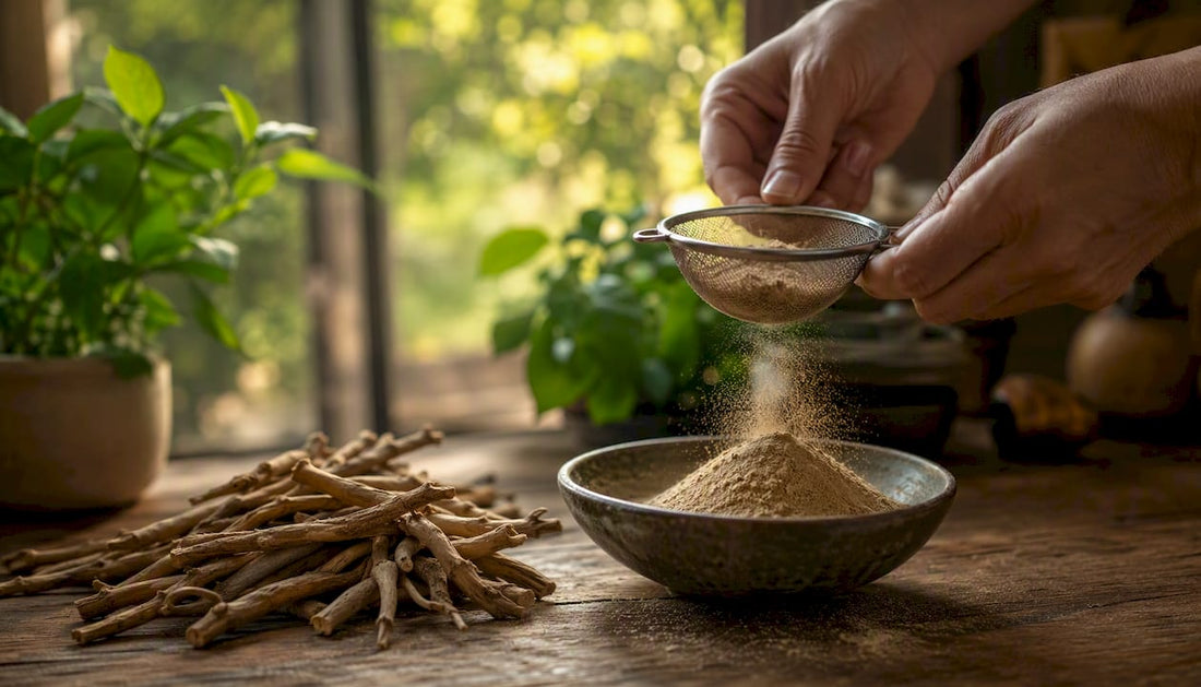 Ashwagandha roots and powder with wooden spoon