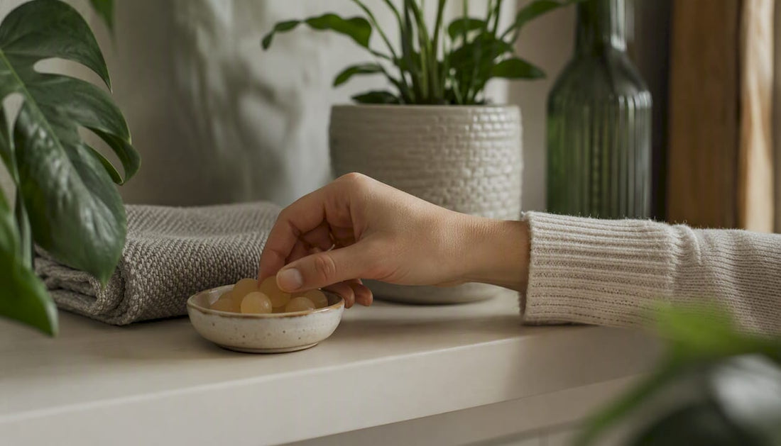 Hand reaching for magnesium gummy on bathroom shelf