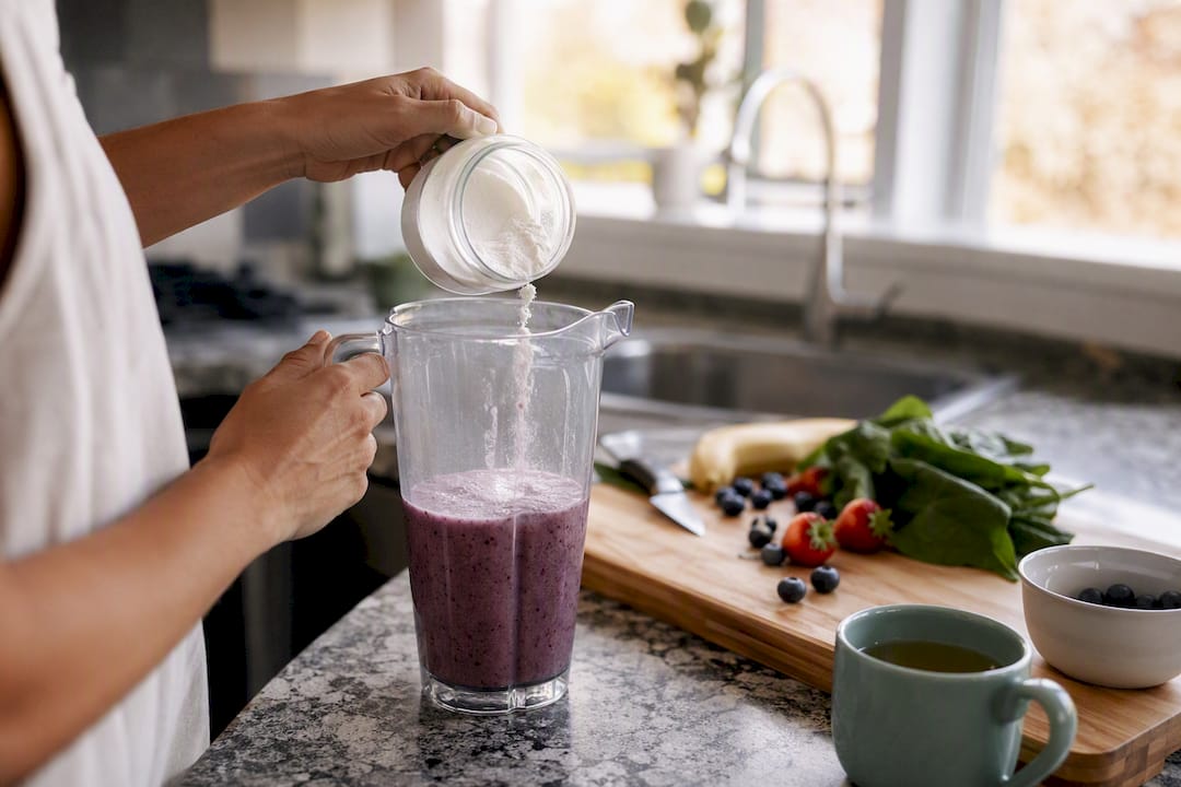 Hands measuring creatine powder in water