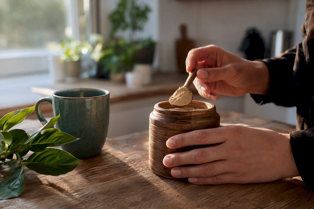 Hand reaching for herbal powder jar in morning kitchen