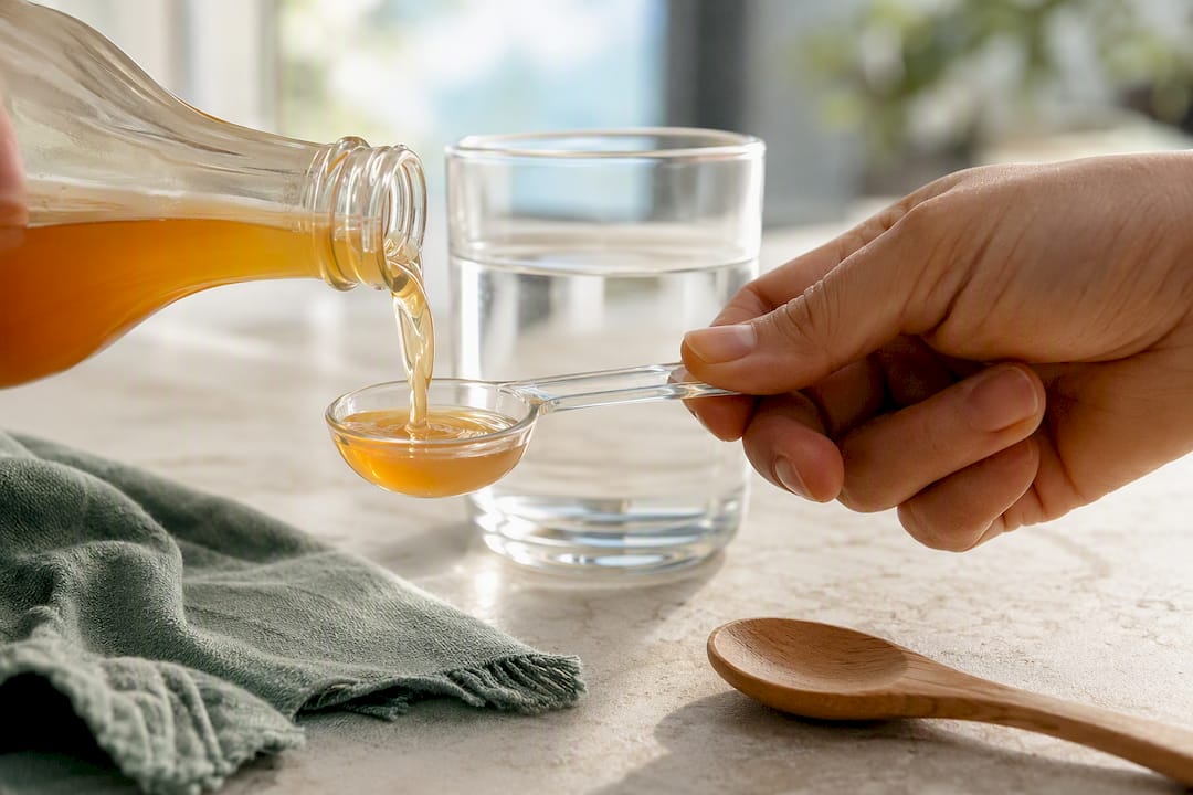 Hand measuring liquid apple cider vinegar