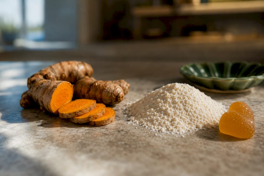 Turmeric and collagen ingredients arranged together