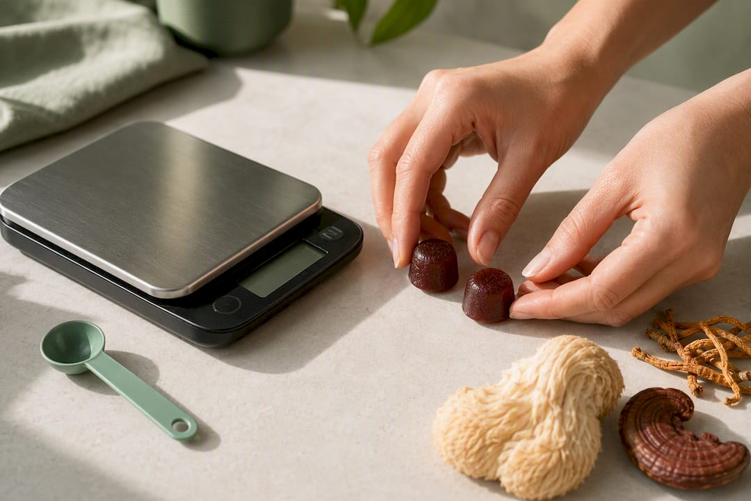 Anonymous gummies and mushrooms being measured