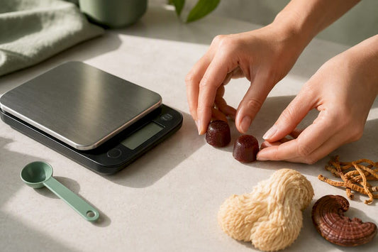 Anonymous gummies and mushrooms being measured